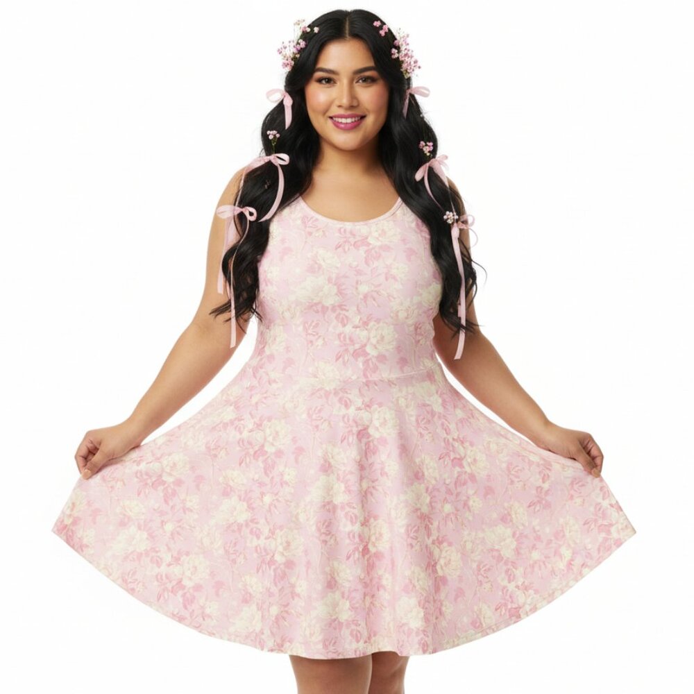 Pink Floral Cottagecore Fit and Flare Dress